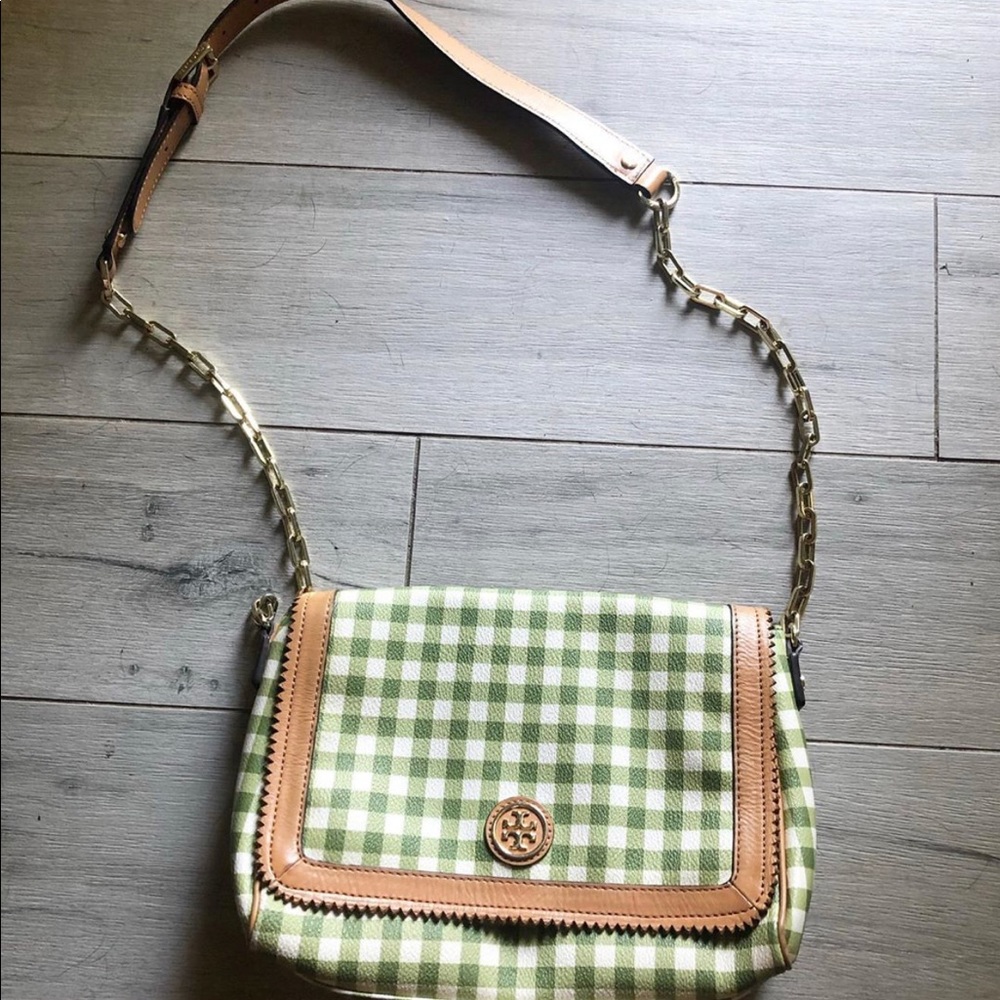 TORY BURCH Green & Tan Gingham Purse